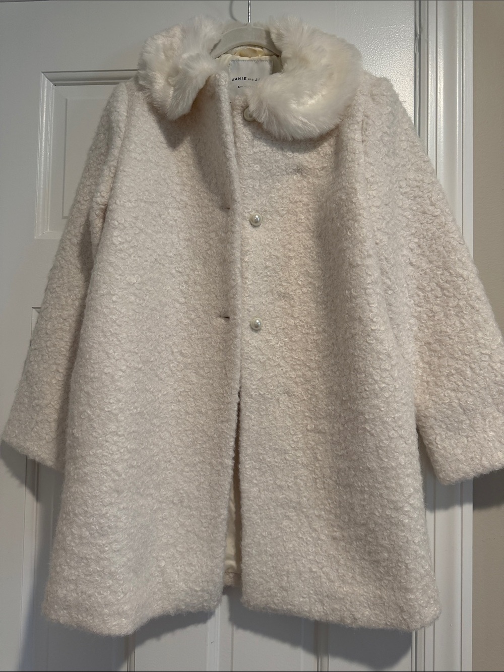 NWT Janie & Jack Girls' Cream Faux-Fur Collar Bouclé Coat